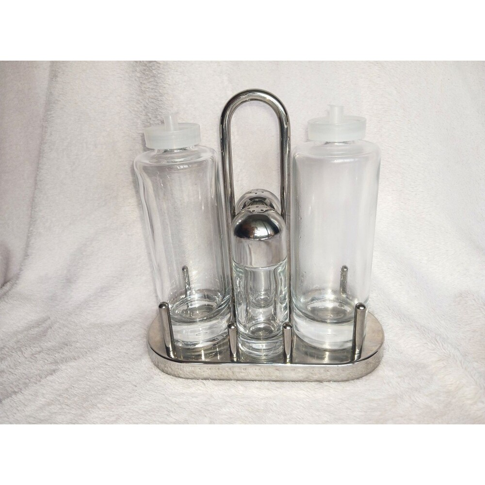 Alessi Italy Stainless Crystal Oil Vinegar Salt Pepper Holder Caddy Cruet
